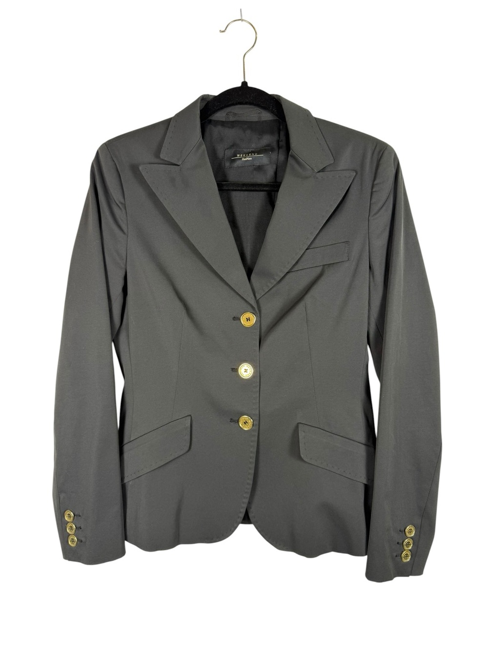 Max Mara Weekend Black Single Breasted Three Gold Button Blazer Sz 8